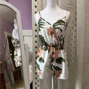 SHEIN White Tropical Wrap Romper with Peach Floral Print